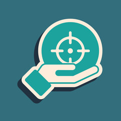 Green Target financial goal concept icon isolated on green background. Symbolic goals achievement, success. Long shadow style. Vector