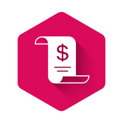 White Paper or financial check icon isolated with long shadow background. Paper print check, shop receipt or bill. Pink hexagon button. Vector