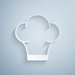Paper cut Chef hat icon isolated on grey background. Cooking symbol. Cooks hat. Paper art style. Vector