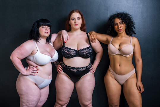 Body acceptance concept. Group of curvy girl posing in studio against society prejudice
