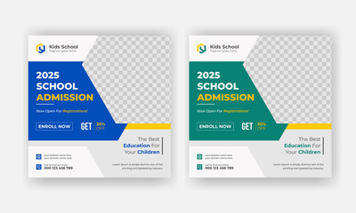 Kids School social media banner, School Students Admission social media post, Back to School admission by social media post banner template Design.	
