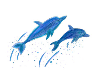 Two blue dolphins jumping from the sea. Pen marker illustration.