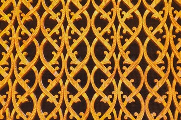 Close-up of an ornate forged gold-covered grid of air duct in arabic style vent. Oriental flower pattern of vent grille.