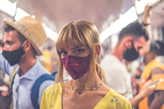 Image with a passenger on the metro commuter during pandemic events in 2020