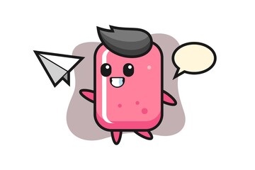 Bubble gum cartoon character throwing paper airplane
