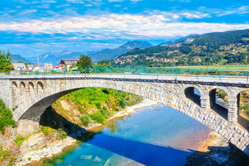 Arched bridge across Tara river in Mojkovac town from Montenegro