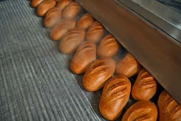 Automatic line for the production of bakery products with a loaf on a conveyor belt, equipment in the workshop of a confectionery factory, industrial food production. Production oven at the bakery.