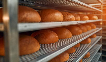 A lot of bread prepare to move on in the shelf. Bread bakery food factory production with fresh products. Automated production of bakery products.
