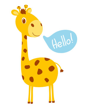 little cute giraffe in cartoon style with text bubble and HELLO sign. Vector isolated