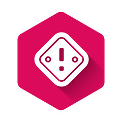 White Exclamation mark in triangle icon isolated with long shadow background. Hazard warning sign, careful, attention, danger warning important sign. Pink hexagon button. Vector