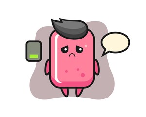 Bubble gum mascot character doing a tired gesture