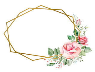Watercolor pink flowers and leaves frame illustration