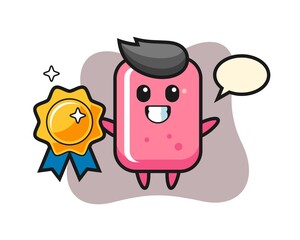 Bubble gum mascot illustration holding a golden badge