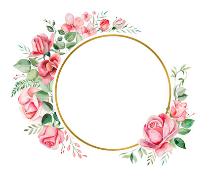 Watercolor pink flowers and leaves frame illustration