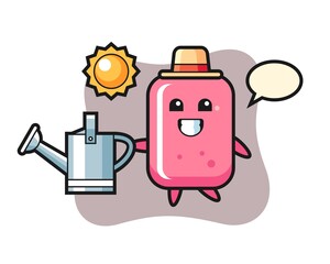 Cartoon character of bubble gum holding watering can