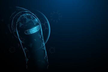 Woman received a vaccine with bandage on her upper arm. Vaccination and prevention against flu or virus pandemic. Low poly, geometric, wire, Particles, lines, and triangles outline