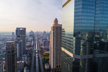 Aerial view Cityscape of Bangkok skyline with Road