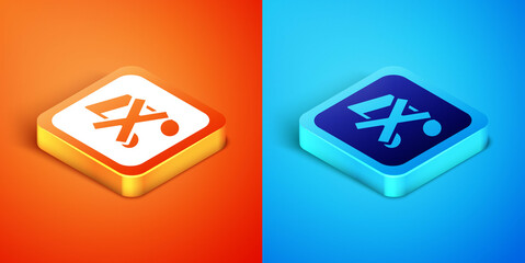 Isometric Speaker mute icon isolated on orange and blue background. No sound icon. Volume Off symbol. Vector