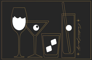 set of different glasses for cocktails drinks, black and gold poster