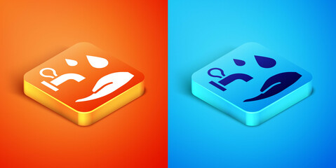 Isometric Wudhu icon isolated on orange and blue background. Muslim man doing ablution. Vector