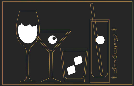 set of different glasses for cocktails drinks, black and gold poster