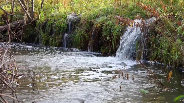 Spring flood. The murmur of a small river during a spring flood on a bright sunny day