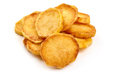 Fried Potato slices, isolated on white background. High resolution image