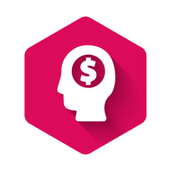 White Business man planning mind icon isolated with long shadow background. Human head with dollar. Idea to earn money. Business investment growth. Pink hexagon button. Vector