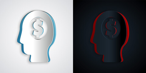 Paper cut Business man planning mind icon isolated on grey and black background. Human head with dollar. Idea to earn money. Business investment growth. Paper art style. Vector