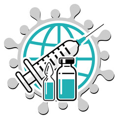 COVID-19 global vaccination concept. Medical syringe with needle, Vial and bottle with the drug against coronavirus. Vector isolated on white background