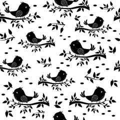 Bird sitting on a branch pattern, black stencil silhouette, Textile,