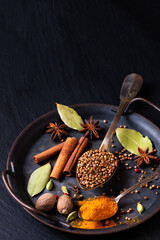 Spot focus Exotic herbal Food concept Mix of the organic Spices coriander seed, clove, cinnamon stick, cardamom pods, bay leaves, star anise in rustic iron tray on black slate stone with copy space