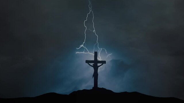 Cross of Jesus from Calvary hill with lightning storm in midnight. 
Concept of the Crucifixion of Christ.