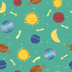  Space seamless pattern in flat style. Colorful cosmic vector illustration 