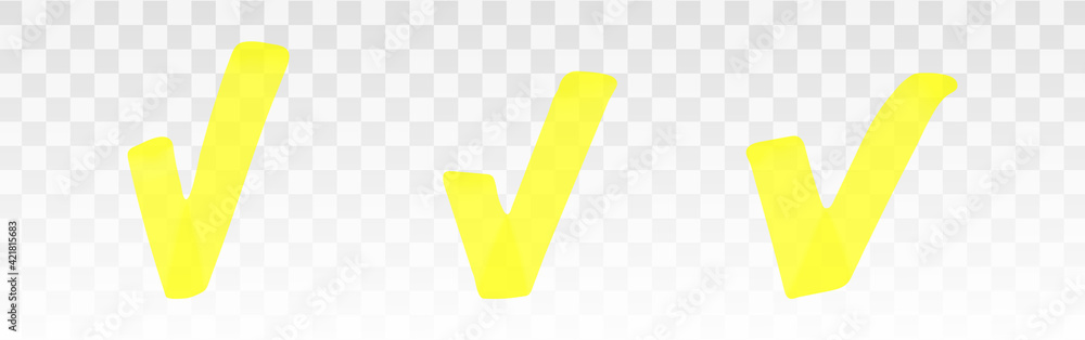 Poster yellow highlighter check mark set isolated on transparent background. marker pen highlight underline