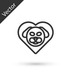 Grey line Heart with dog icon isolated on white background. Pet paw in heart. Love to the animals. Vector