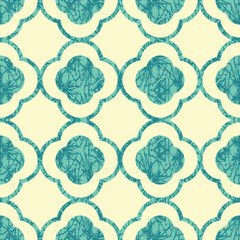 A quatrefoil trellis turquoise and yellow pattern