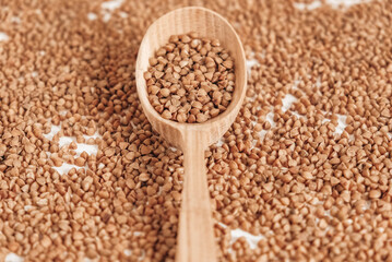 Buckwheat in a wooden spoon on a background of cereals. Copy, empty space for text