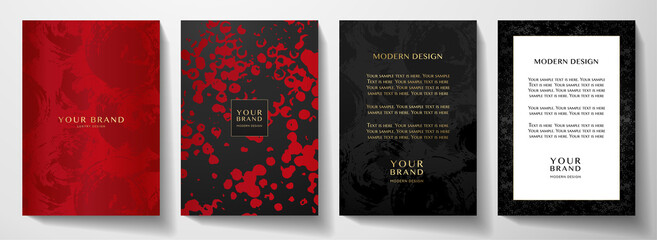 Modern red, black cover, frame design set. Creative abstract art pattern with brush stroke on background. Luxe grunge artistic vector collection for party flyer, catalog, brochure, menu template - obrazy, fototapety, plakaty