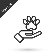 Grey line Hands with animals footprint icon isolated on white background. Pet paw in heart. Love to the animals. Vector