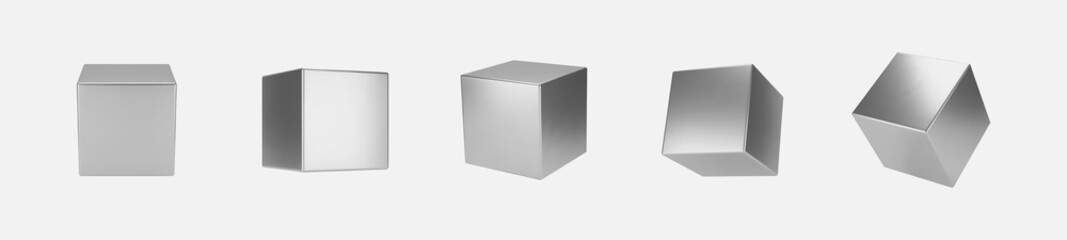 3d silver metal cubes set isolated on light background. Render a rotating chrome steel box with different angles in perspective with lighting and shadow. Realistic vector geometric shapes