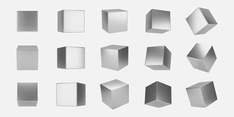 3d silver metal cubes set isolated on light background. Render a rotating chrome steel box with different angles in perspective with lighting and shadow. Realistic vector geometric shapes - obrazy, fototapety, plakaty