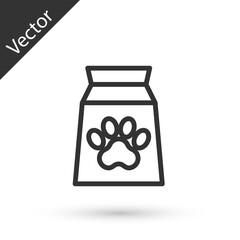 Grey line Bag of food for pet icon isolated on white background. Food for animals. Dog bone sign. Pet food package. Vector