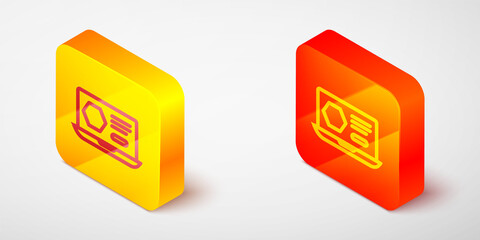 Isometric line Honey online service or platform icon isolated on grey background. Countryside organic product. Online shop. Yellow and orange square button. Vector