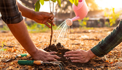 .Volunteers plant trees while watering the plants in the garden. To reduce global warming problems Which is the concept of saving the earth, nature, environment and ecology © crizzystudio