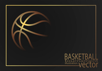 Abstract design. Gold contour of a basketball ball on a black background.