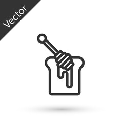 Grey line Honey dipper stick with dripping honey icon isolated on white background. Honey ladle. Vector