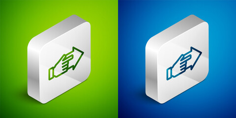 Isometric line Hand with pointing finger with arrow icon isolated on green and blue background. Business vision and target. Concept business finance, character, leader. Silver square button. Vector