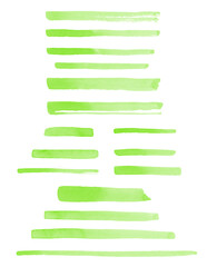 Set of grass green watercolor brush strokes, wide lines, rectangle smears, gradient stripes, doodle streaks. Hand drawn watercolour design elements, text backgrounds. Eco, vegan, spring templates