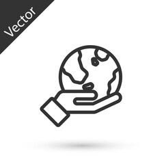 Grey line Human hand holding Earth globe icon isolated on white background. Save earth concept. Vector